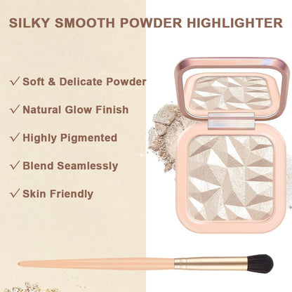 Face Highlighter Palette: Highlighting shimmer powder for a natural glow. Includes mirror and brush.