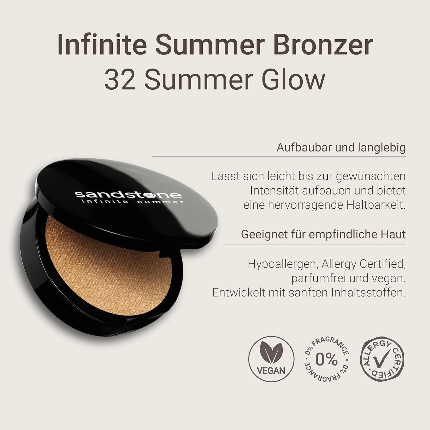 Infinite Summer Bronzer: Luxurious, rich color for a natural summer glow. Allergy tested, vegan, and suitable for sensitive skin. Buildable and blendable.