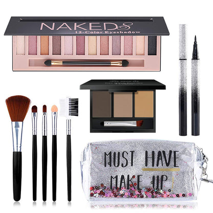 All-in-One Makeup Kit: Eyeshadow, Brushes, Eyeliner, Eyebrow Powder & Bag