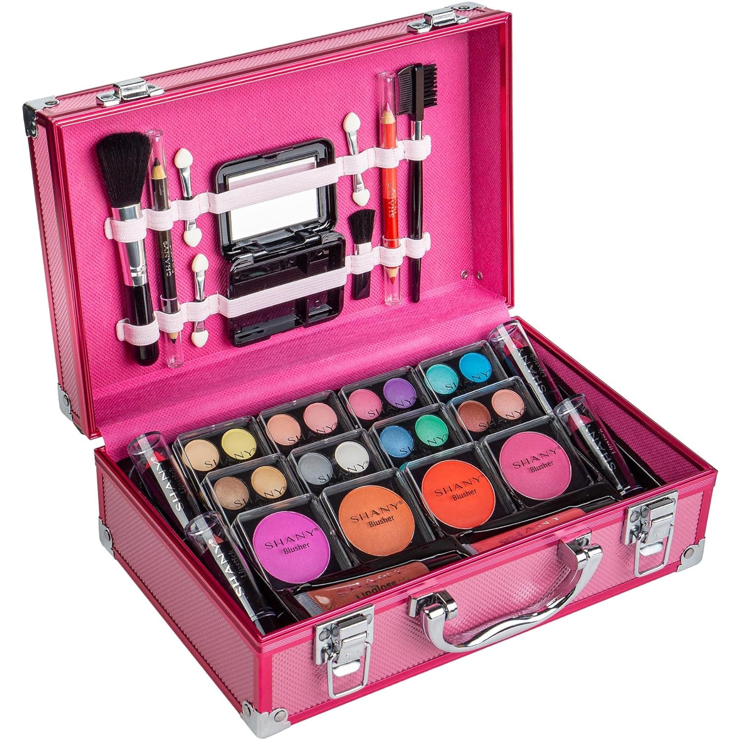 "Carry-All Makeup Train Case with Pro Makeup Set & Brushes, Pink