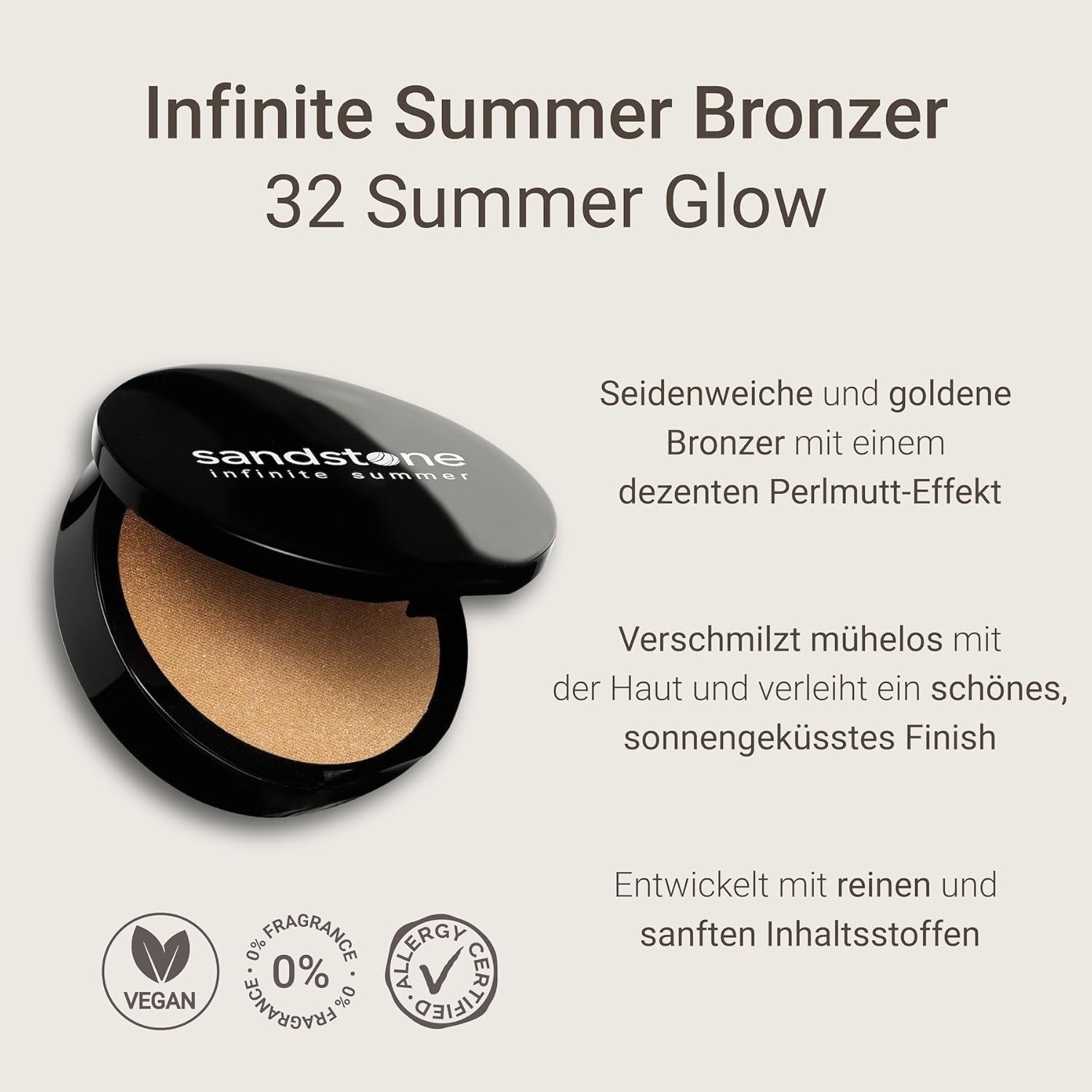 Infinite Summer Bronzer: Luxurious, rich color for a natural summer glow. Allergy tested, vegan, and suitable for sensitive skin. Buildable and blendable.