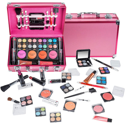 "Carry-All Makeup Train Case with Pro Makeup Set & Brushes, Pink