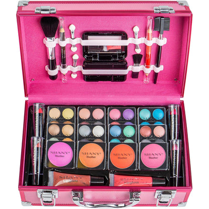 "Carry-All Makeup Train Case with Pro Makeup Set & Brushes, Pink