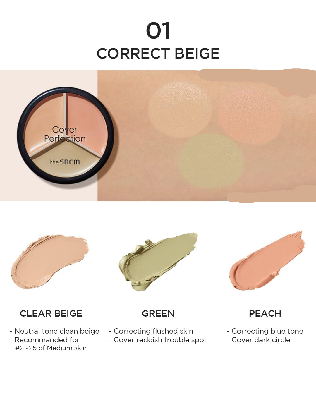 THE SAEM Triple Pot Concealer: Beige, Green & Peach Shades, Full Coverage