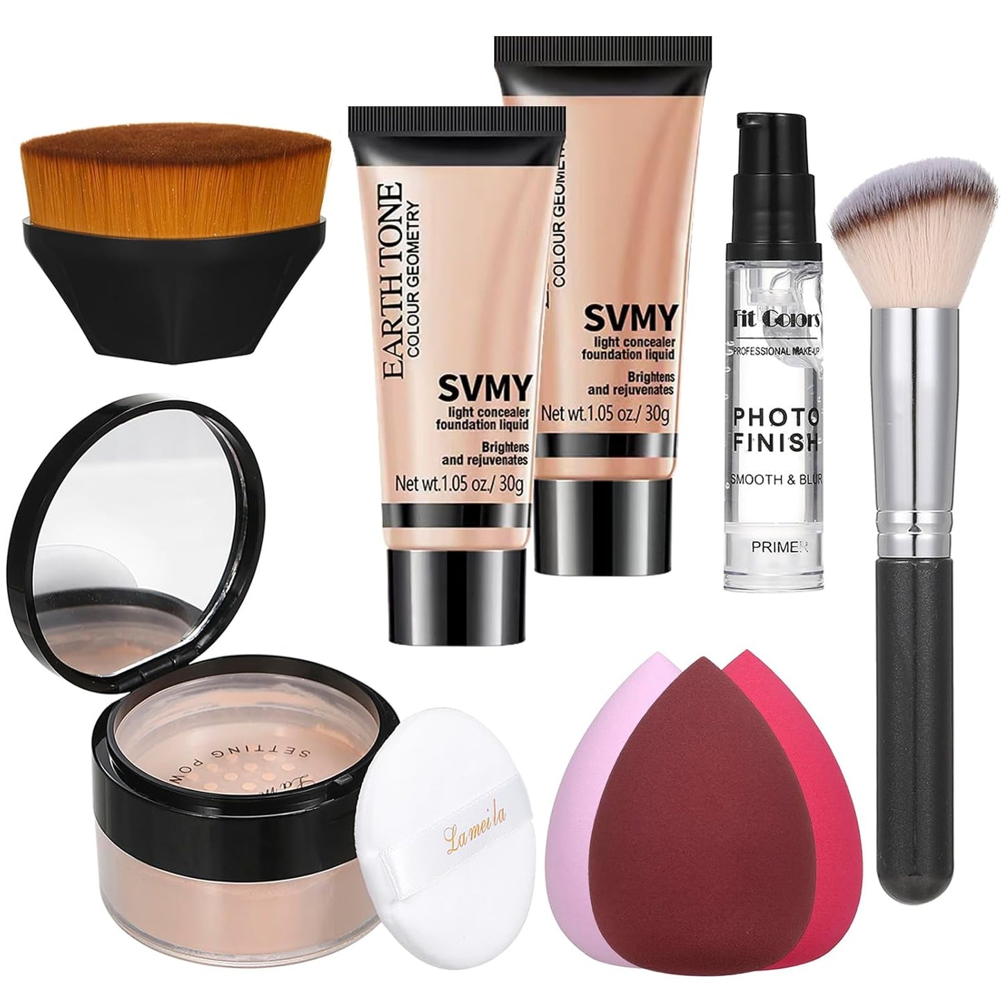 Natural Foundation Set: Full Coverage Primer, Brushes & Sponge Kit